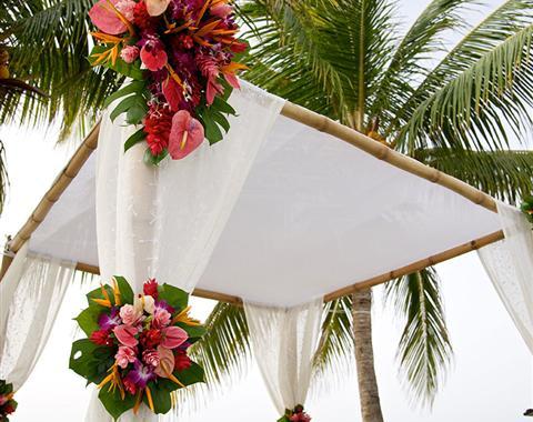 A white canopy with flowers and a white cloth