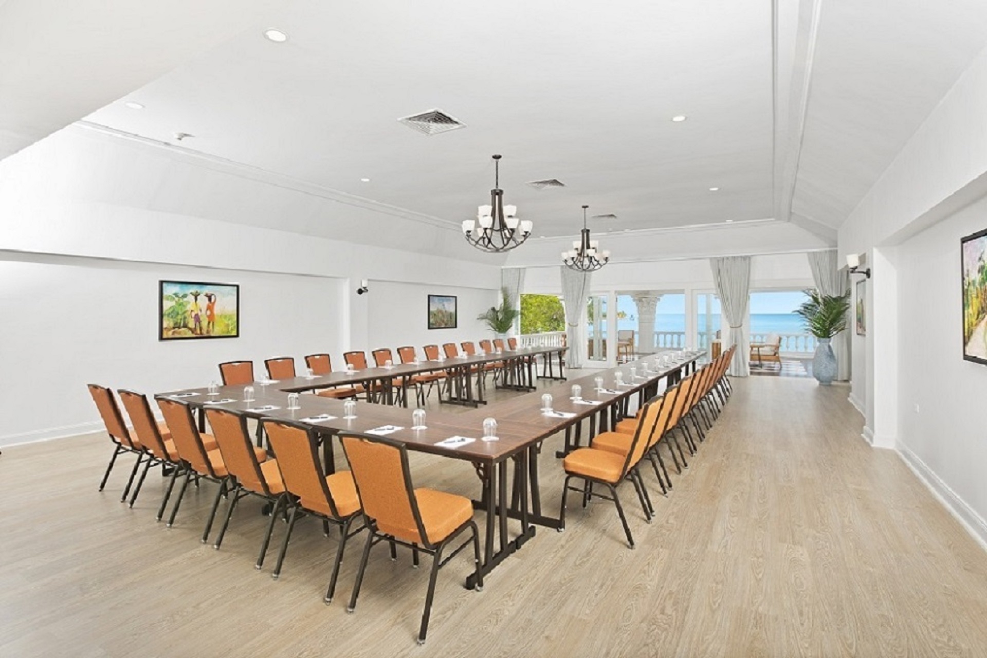 A room with tables and chairs