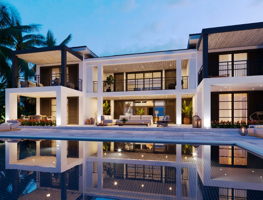 Villa at dusk with soft lighting