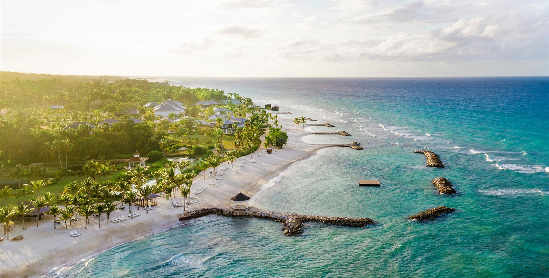 A beach with trees and blue water