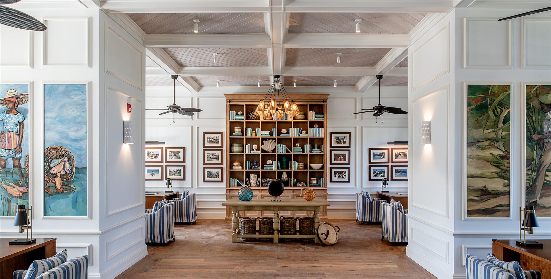 A room with a table and shelves