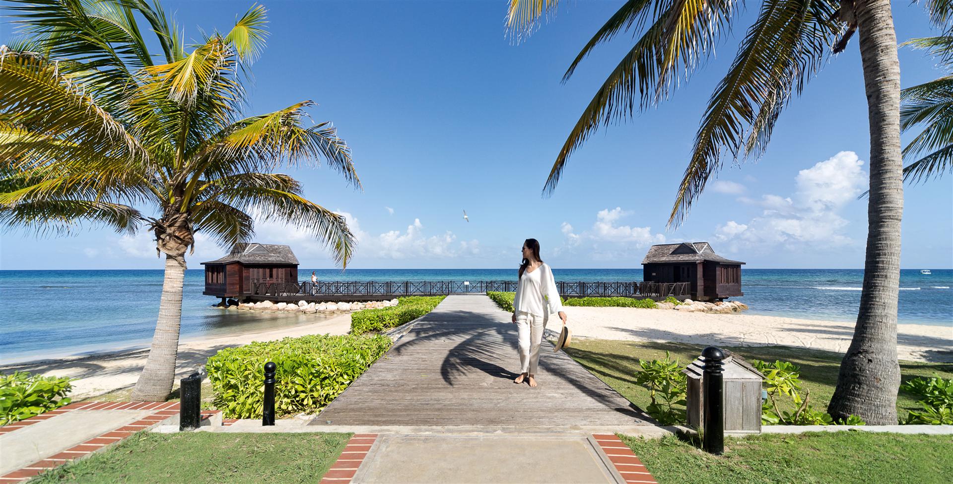 a woman walking on a path with palm trees and a body of water