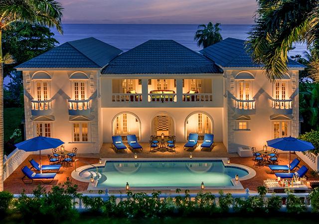 An evening view of the pool