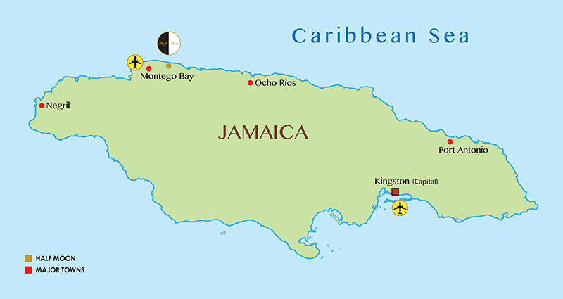 Map of Jamaica with airports near Montego Bay and Kingston